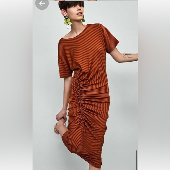 Zara Striped Burnt Orange Midi Dress - Picture 3 of 9